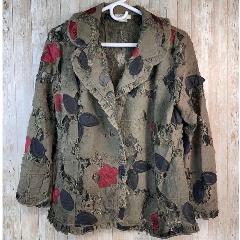 Dorman Womans Jacket Distressed Blazer Sz M Green Floral Applique Ruffle Trim